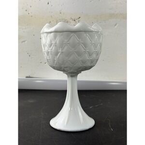 Vintage White Milk Glass Pedestal Compote Bowl Diamond Star Quilted Scalloped